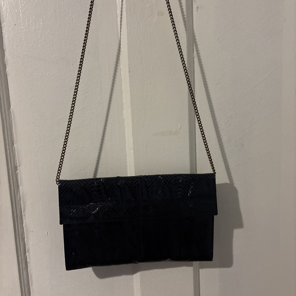Vintage Black Mary Ann Rosenfeld Snake Leather Purse Clutch‎ Shoulder Bag Chain